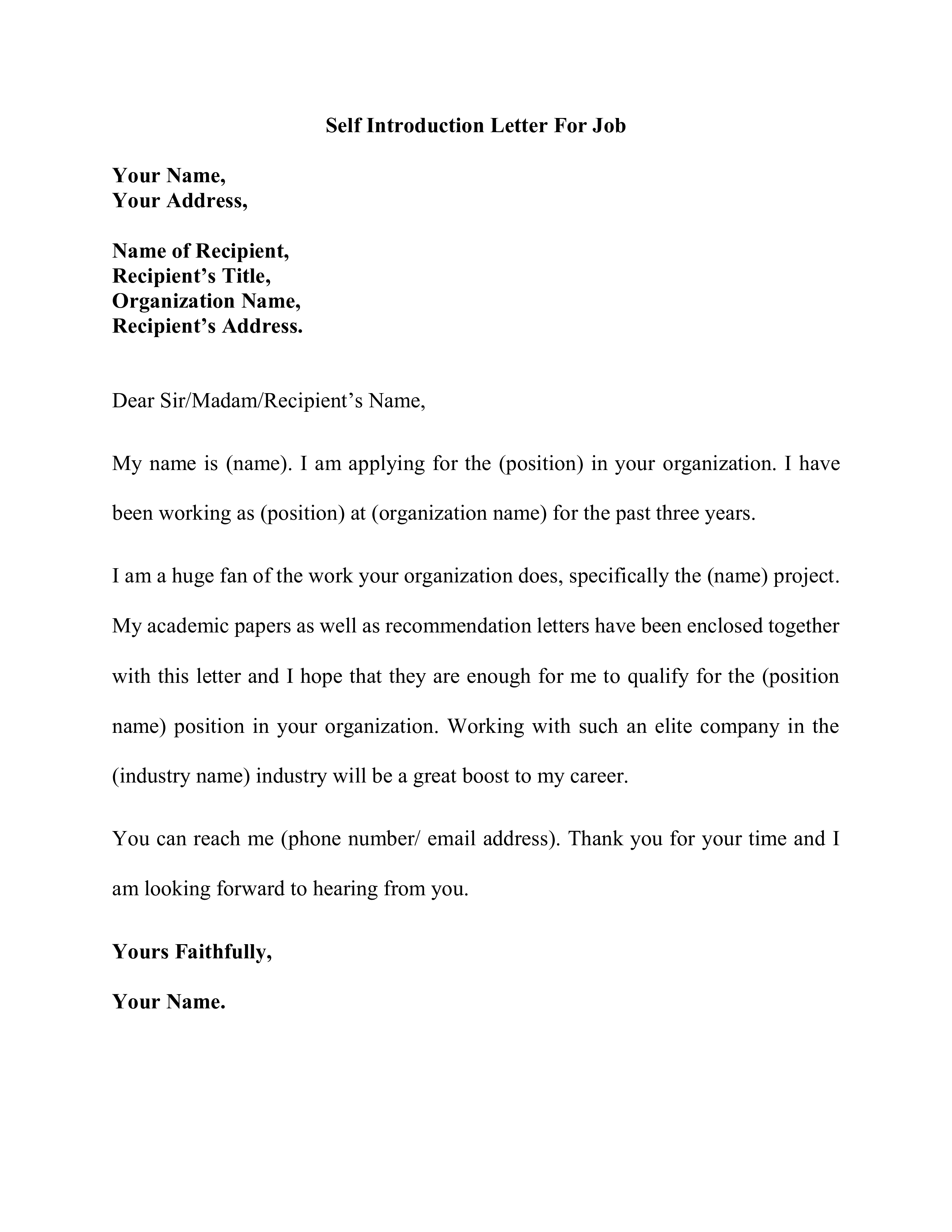 Letter Of Introduction Sample Self Introduction Letter For Job 